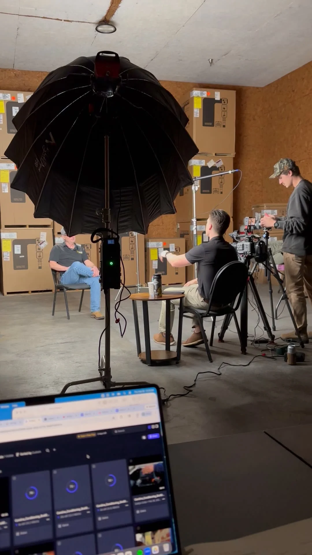 Lighting and camera setup for an on-site client interview