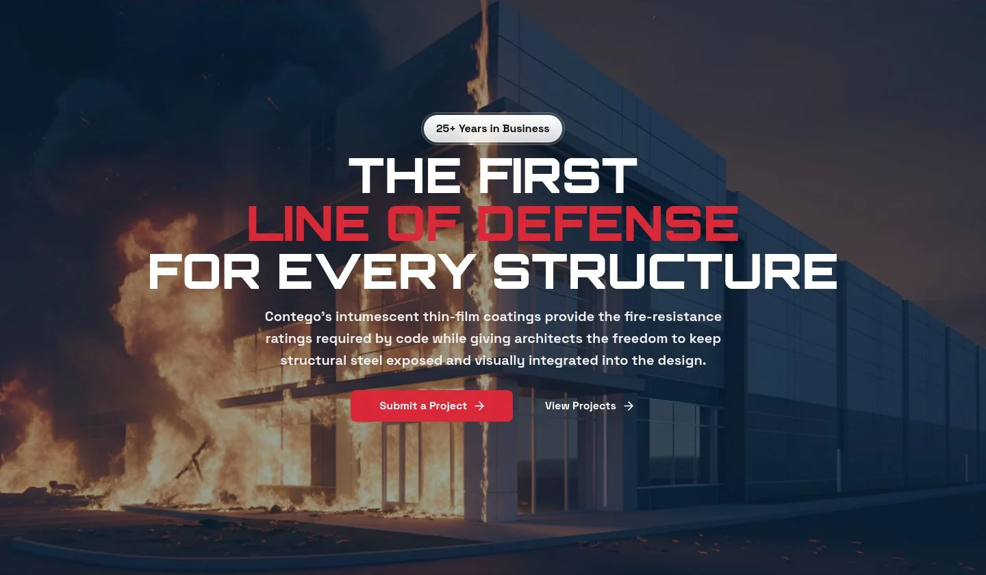 Full Contego International homepage hero with fire-protection headline and calls to action