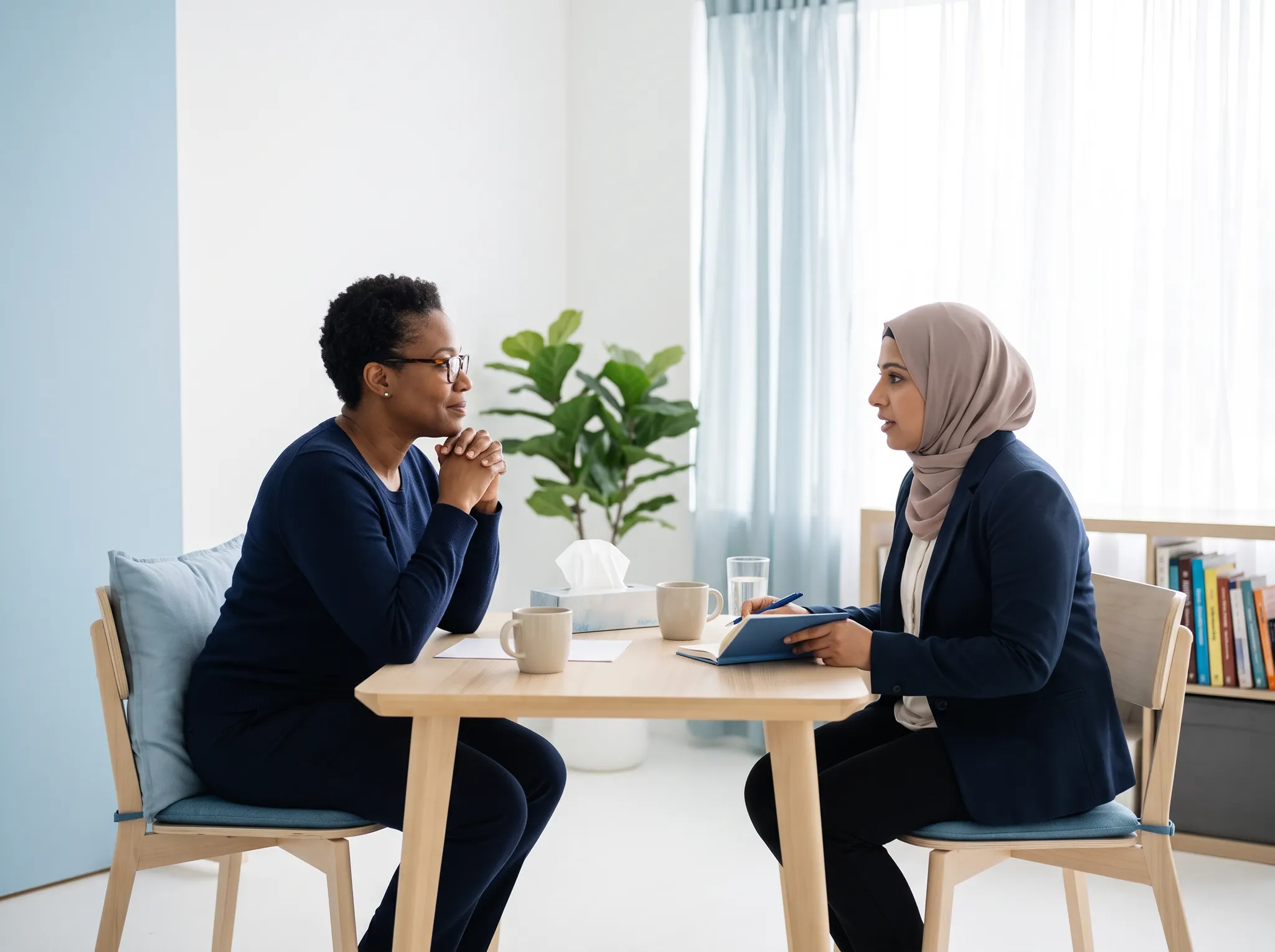 A community advisor and renter having a conversation at a table