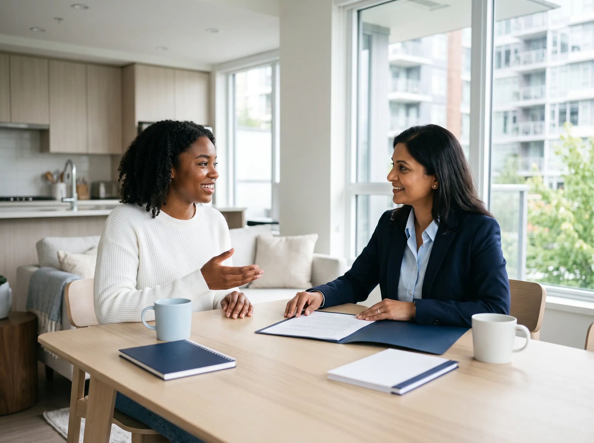A renter and housing professional in conversation at a bright residential table