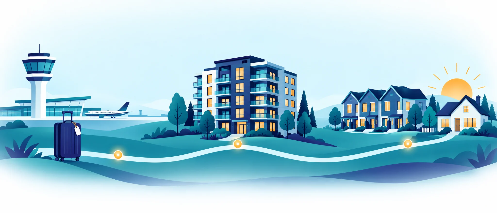 Illustration of a path from an airport, past a Canadian apartment building, to a neighbourhood of homes at sunrise