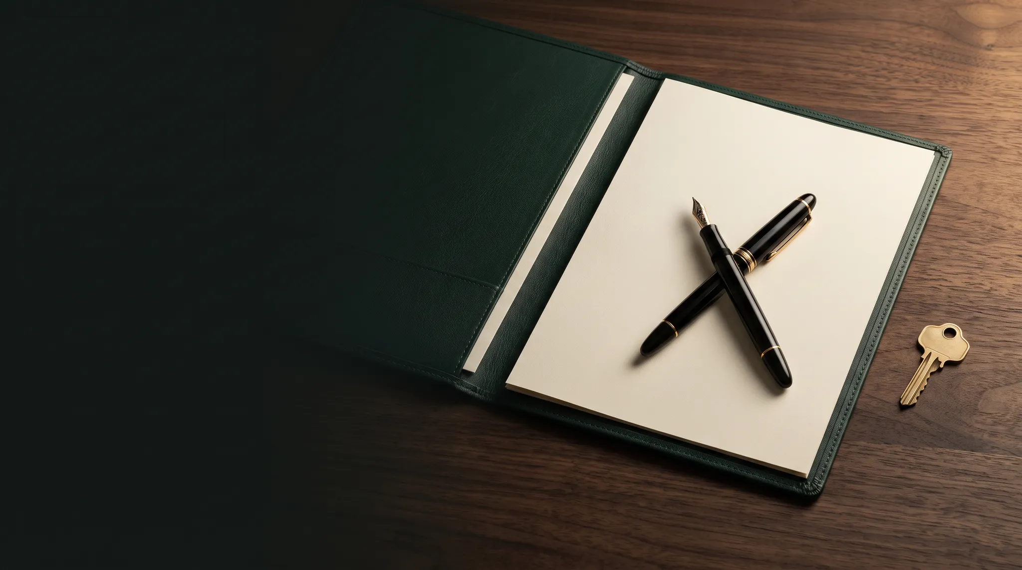 Escrow documents, pen, and key arranged on a dark desk