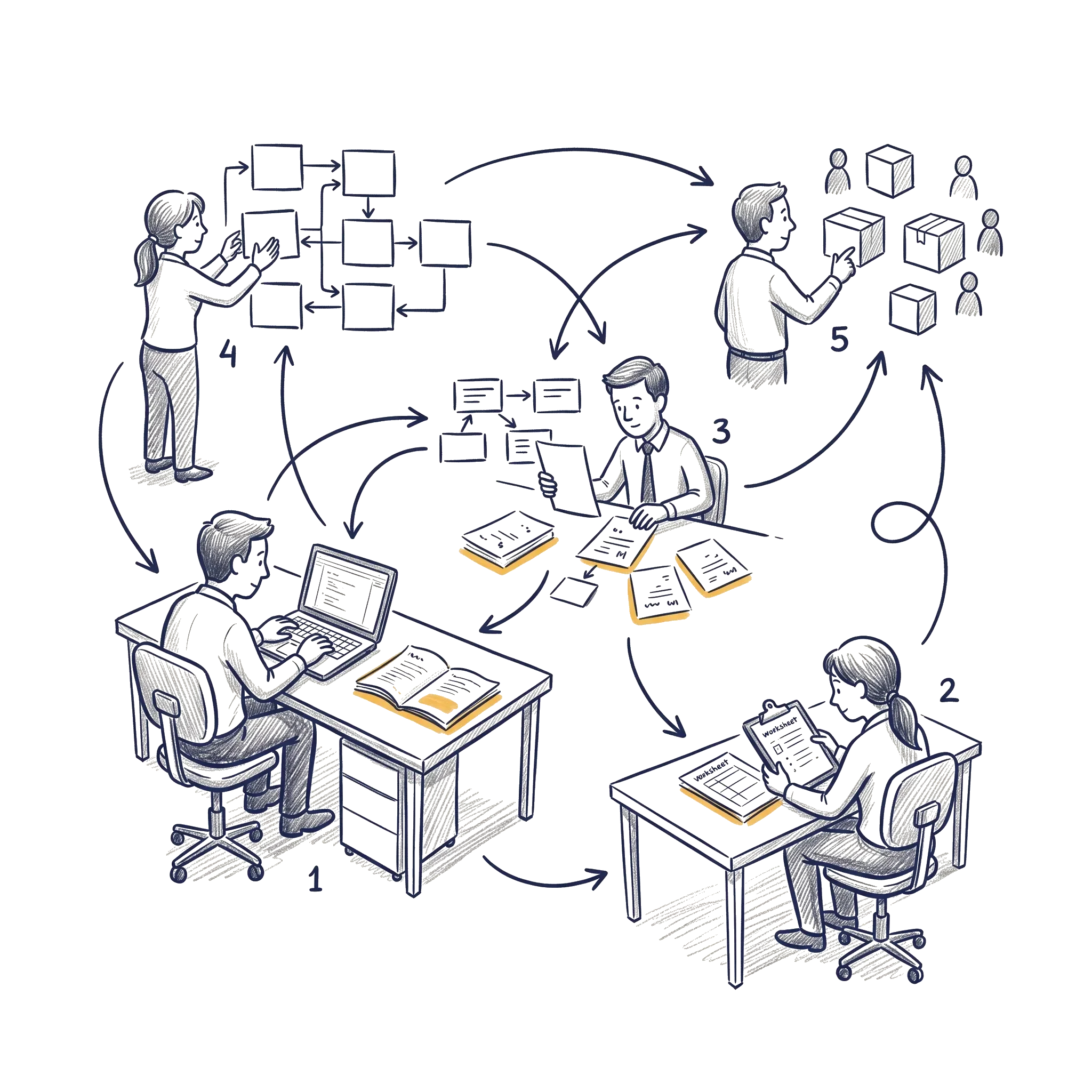 Hand-drawn people, processes and documents connected into a view of how a company works