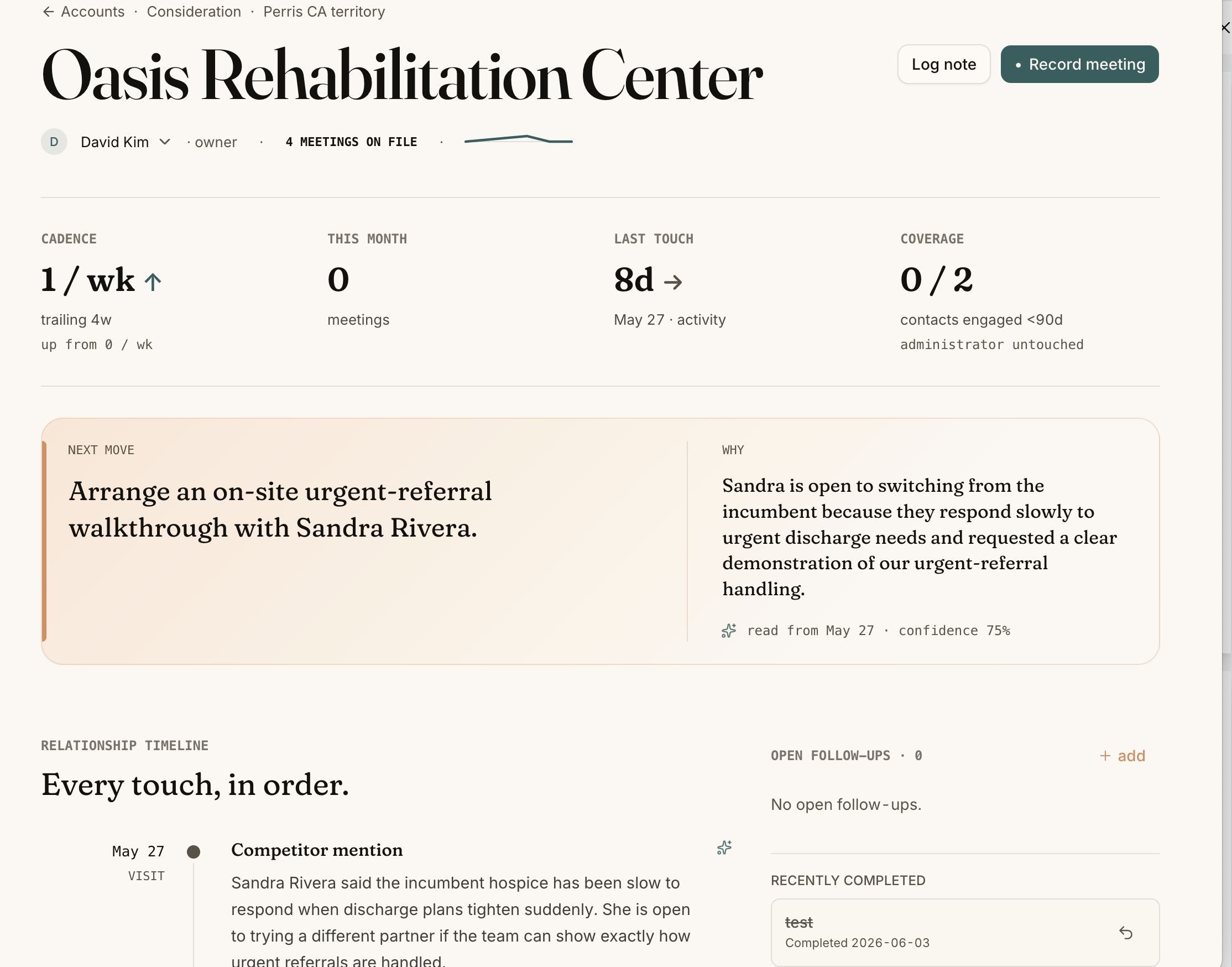 ReferralFlow account view — Oasis Rehabilitation Center next move, cadence, and relationship timeline