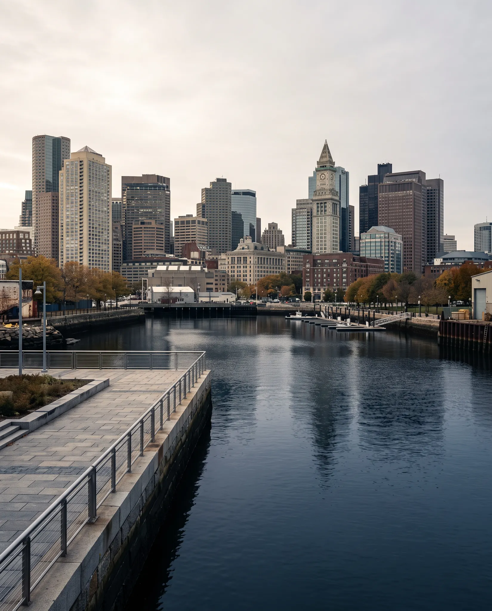 Boston Financial District and Custom House Tower viewed across the Seaport waterfront