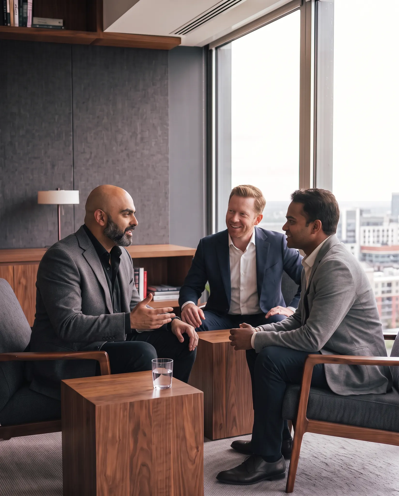 Three people having a private conversation about a potential business sale