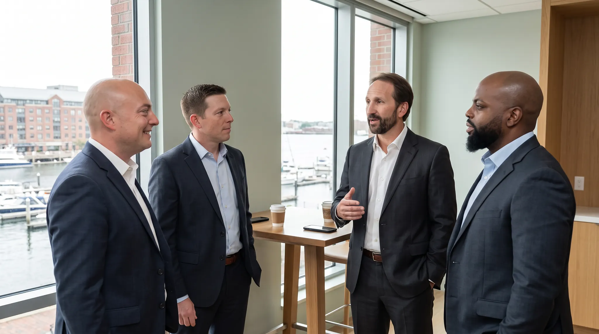 Brian Scanlon, Joe Zanca, Marc Portney, and Graham Maruta in conversation in a Boston waterfront office