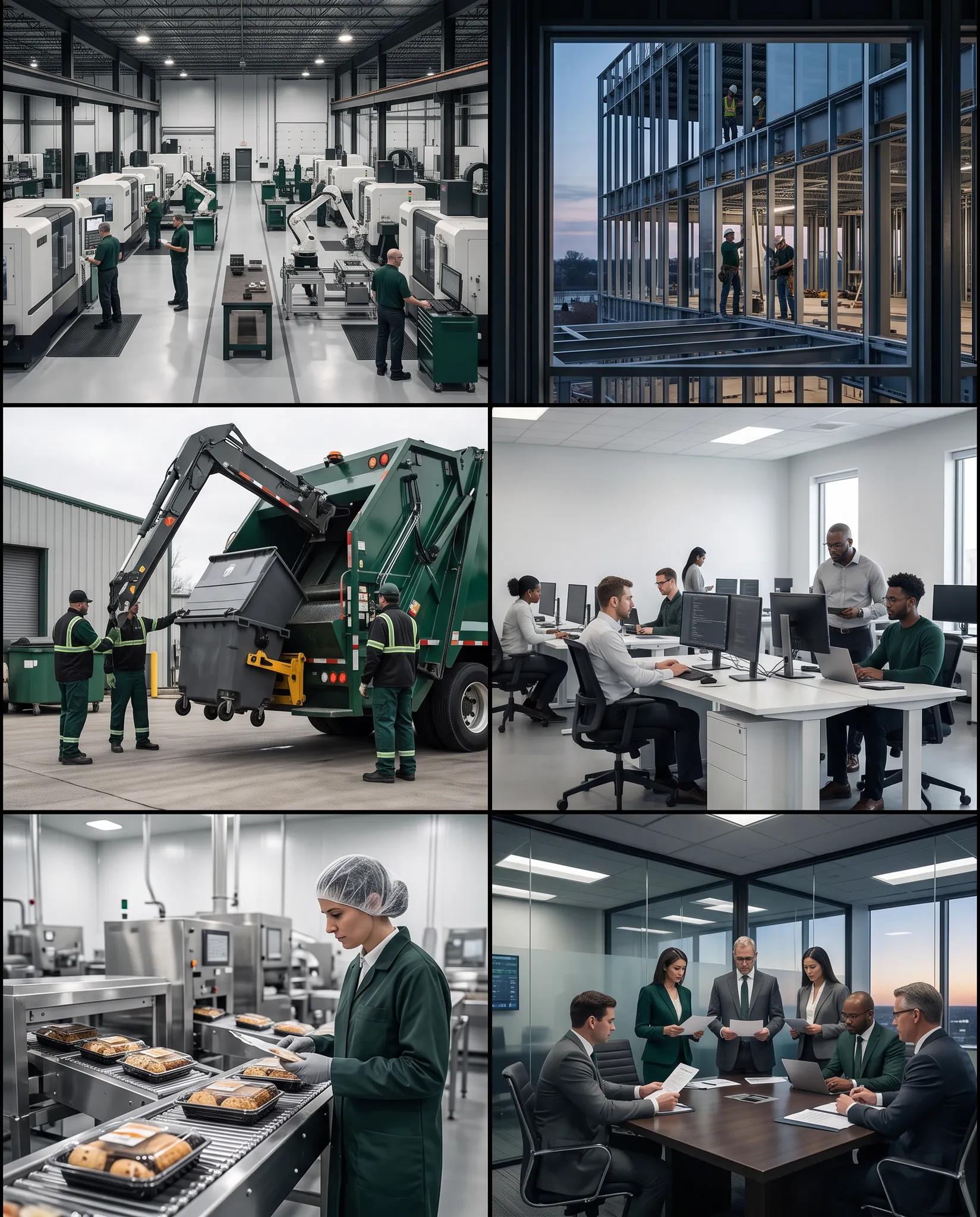 Six-sector view of manufacturing, construction, environmental services, technology, food production, and financial services mandates