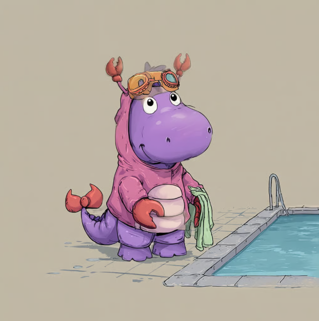 A purple hippocorn in a swim cap and goggles standing poolside with a towel