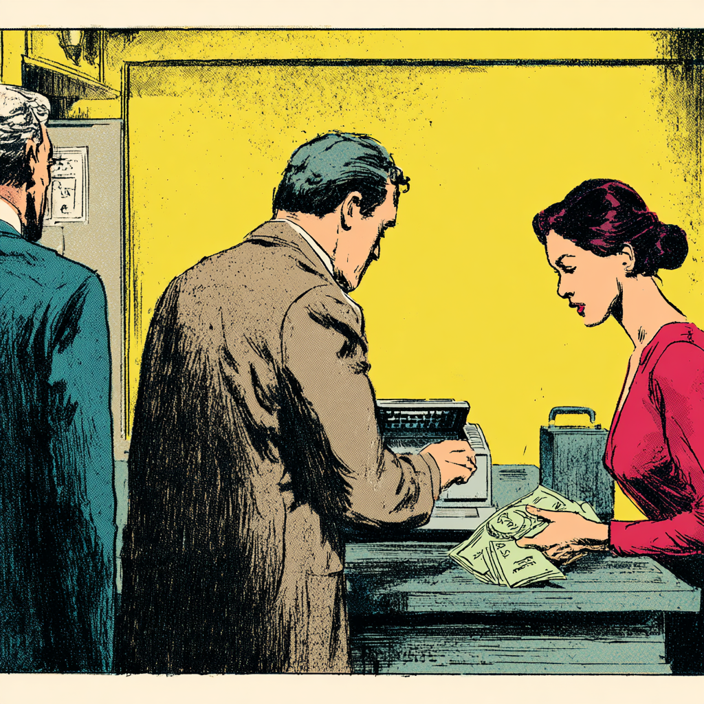 Vintage illustration of a customer handing cash across a counter