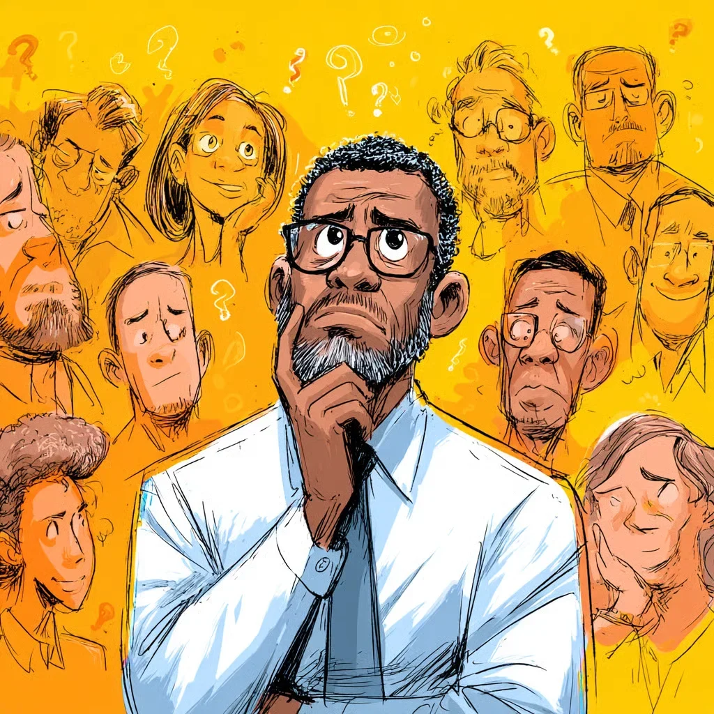 A thoughtful founder surrounded by uncertain faces and question marks