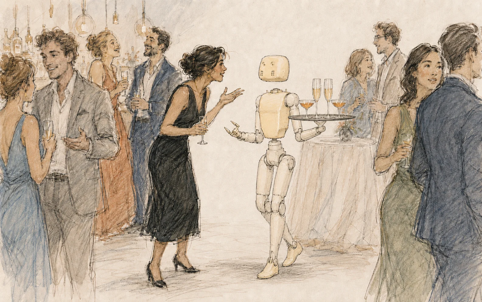 A hand-drawn Lumi robot serving drinks at a reception