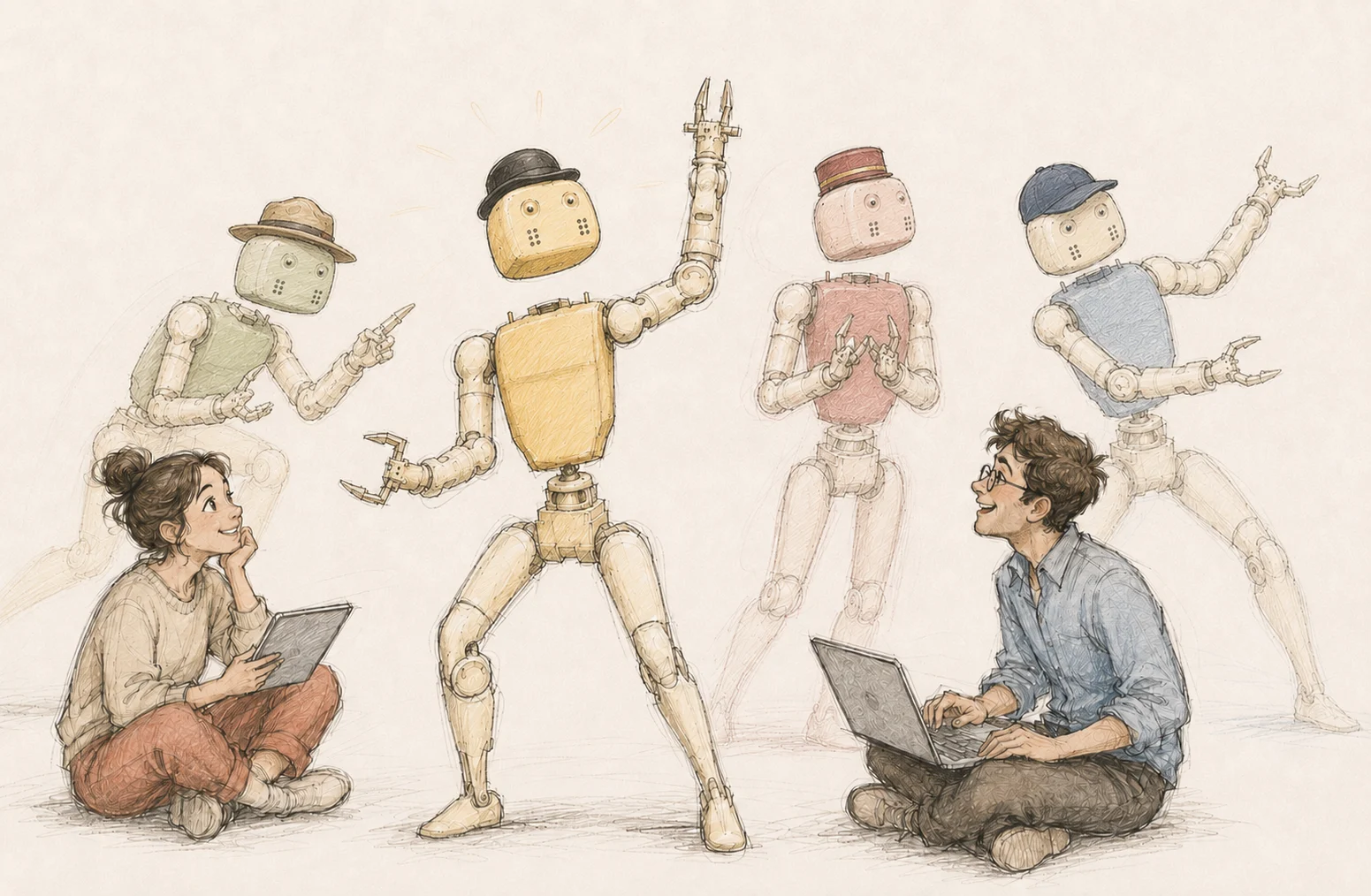 Hand-drawn Lumi robots in several colors and personalities with two builders