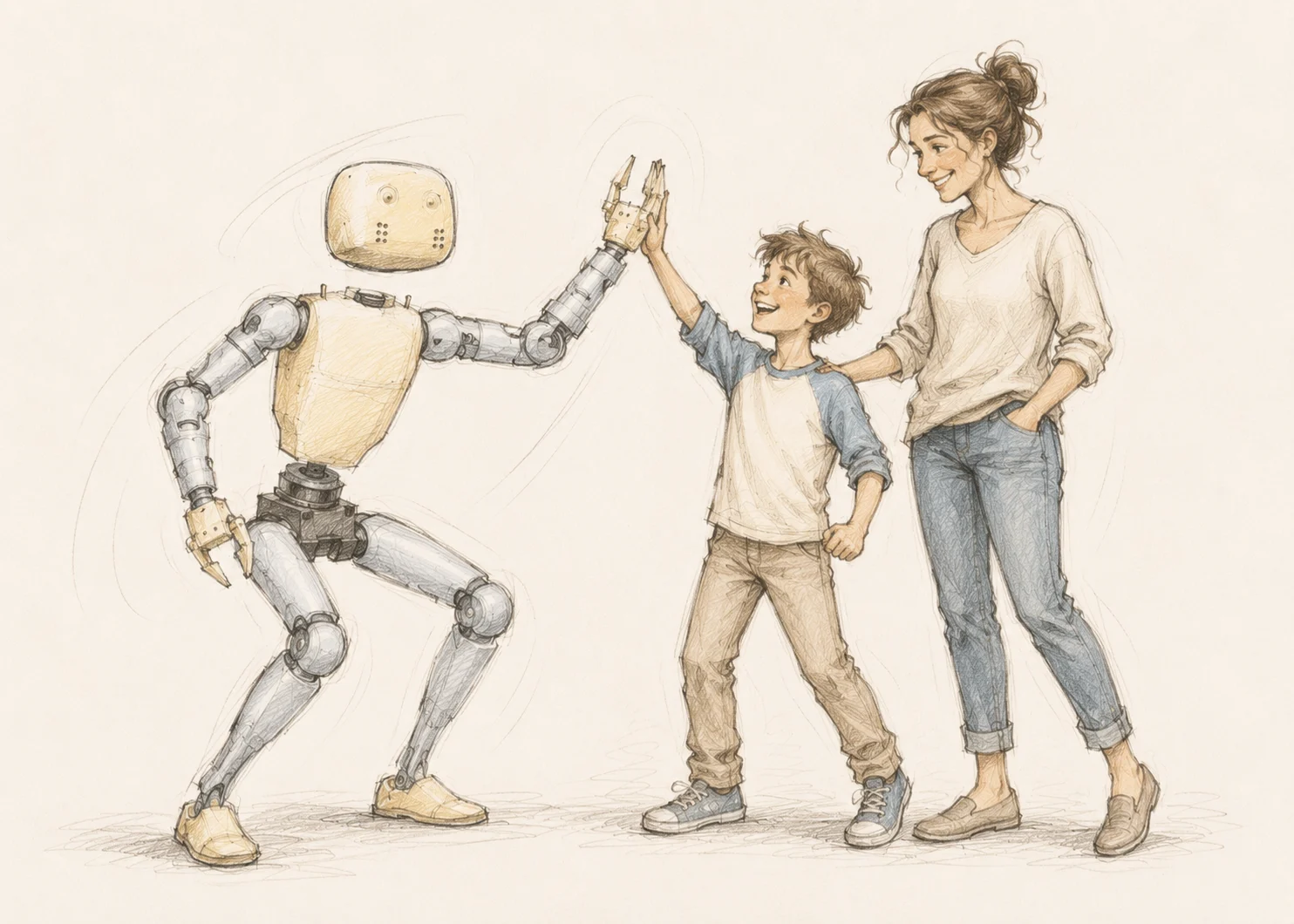 A hand-drawn Lumi robot high-fiving a child beside a parent