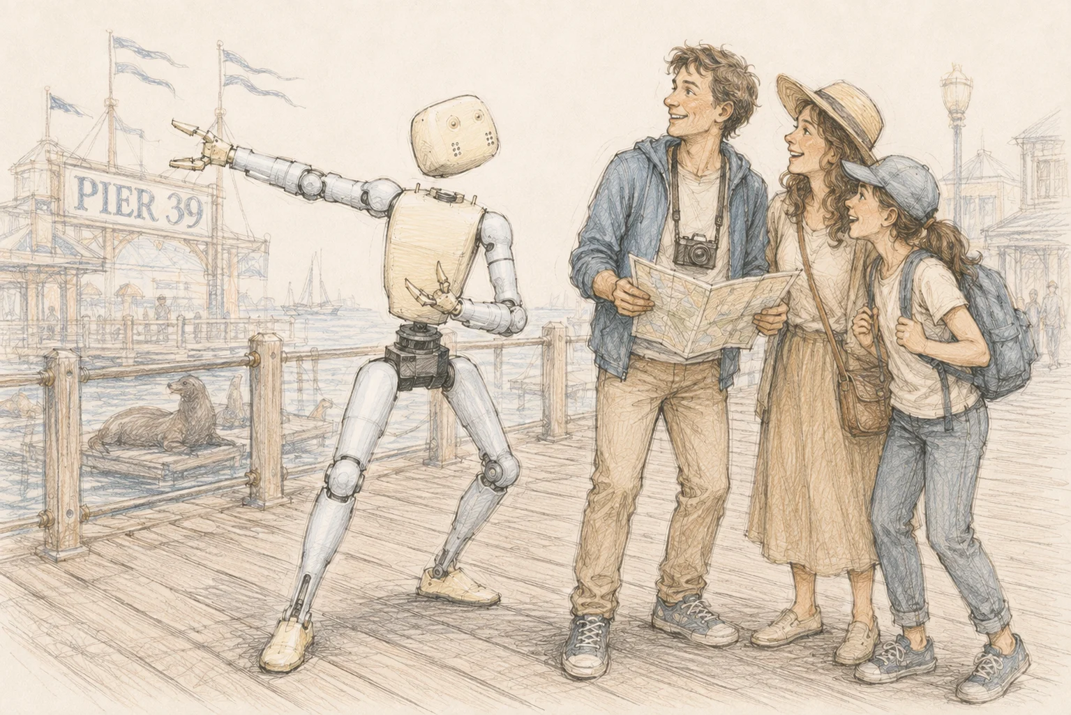 A hand-drawn Lumi robot guiding a family at Pier 39