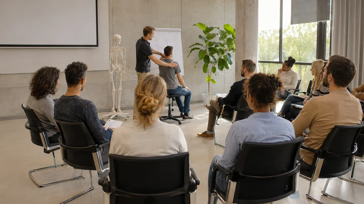 Un formateur montre la posture des épaules d’un participant devant un groupe assis dans une salle de formation