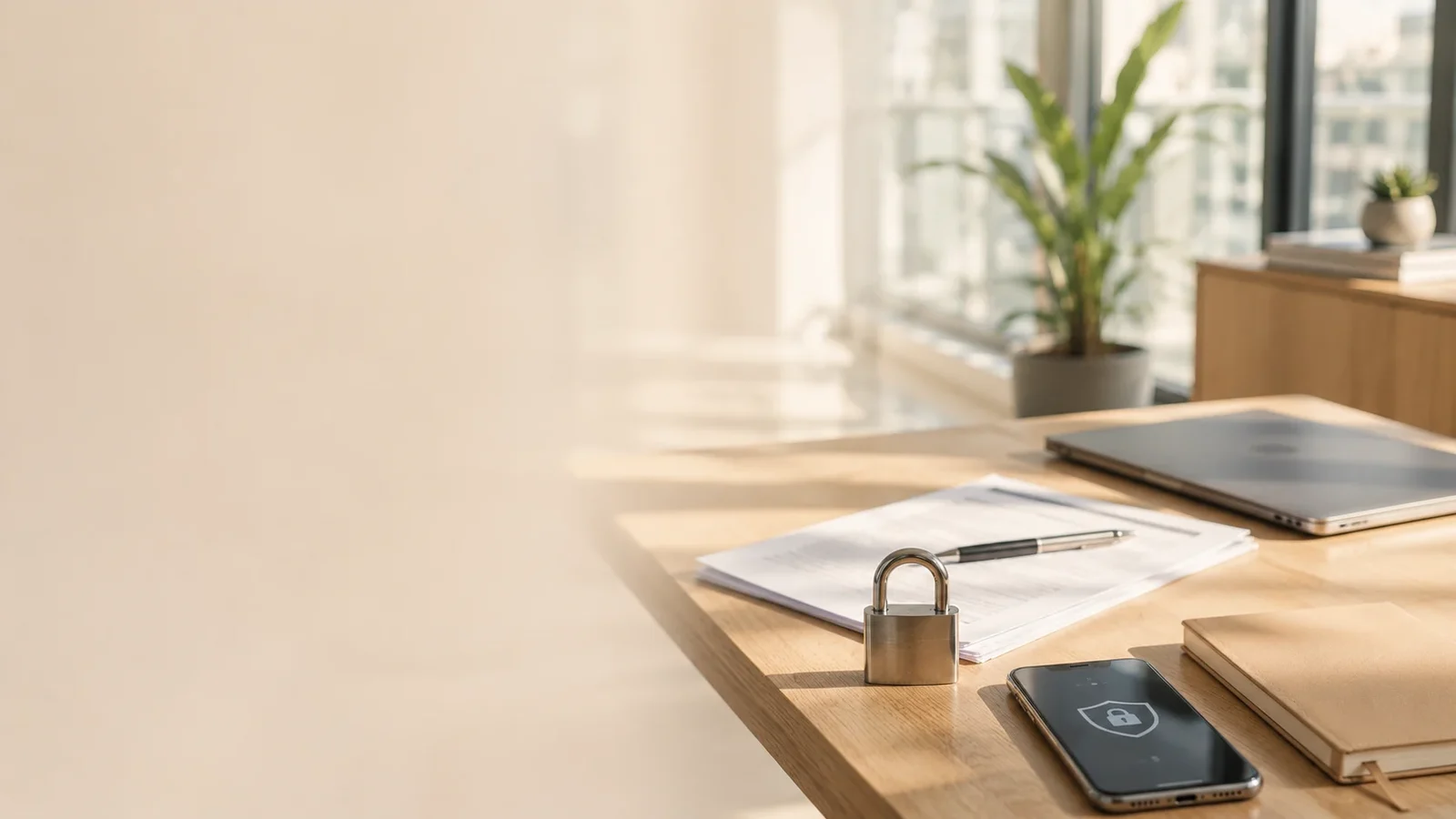 Bureau lumineux avec un cadenas et un téléphone illustrant la protection des données