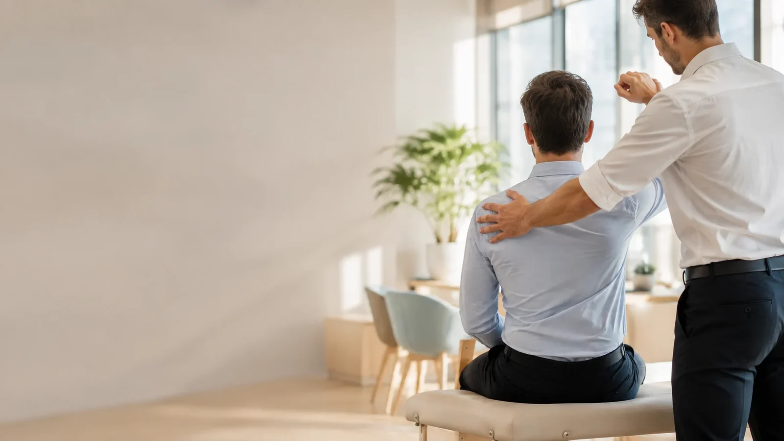 Un praticien en chemise blanche accompagne le mouvement de l’épaule d’une personne assise sur une table de soin