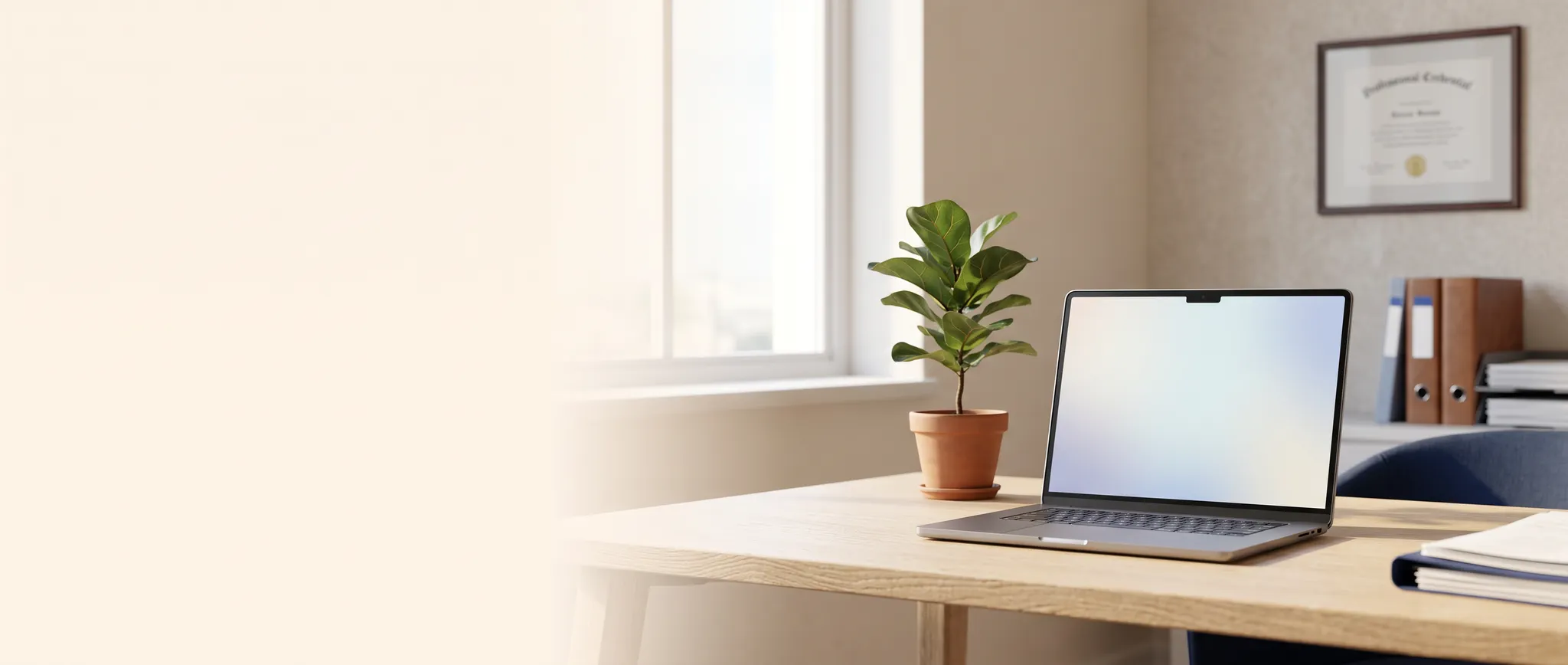 Warm healthcare administration office with a laptop