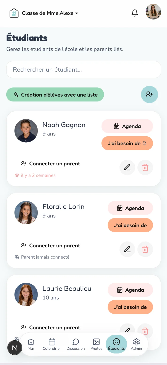 Liste des élèves et actions pour connecter les parents dans GE Connect