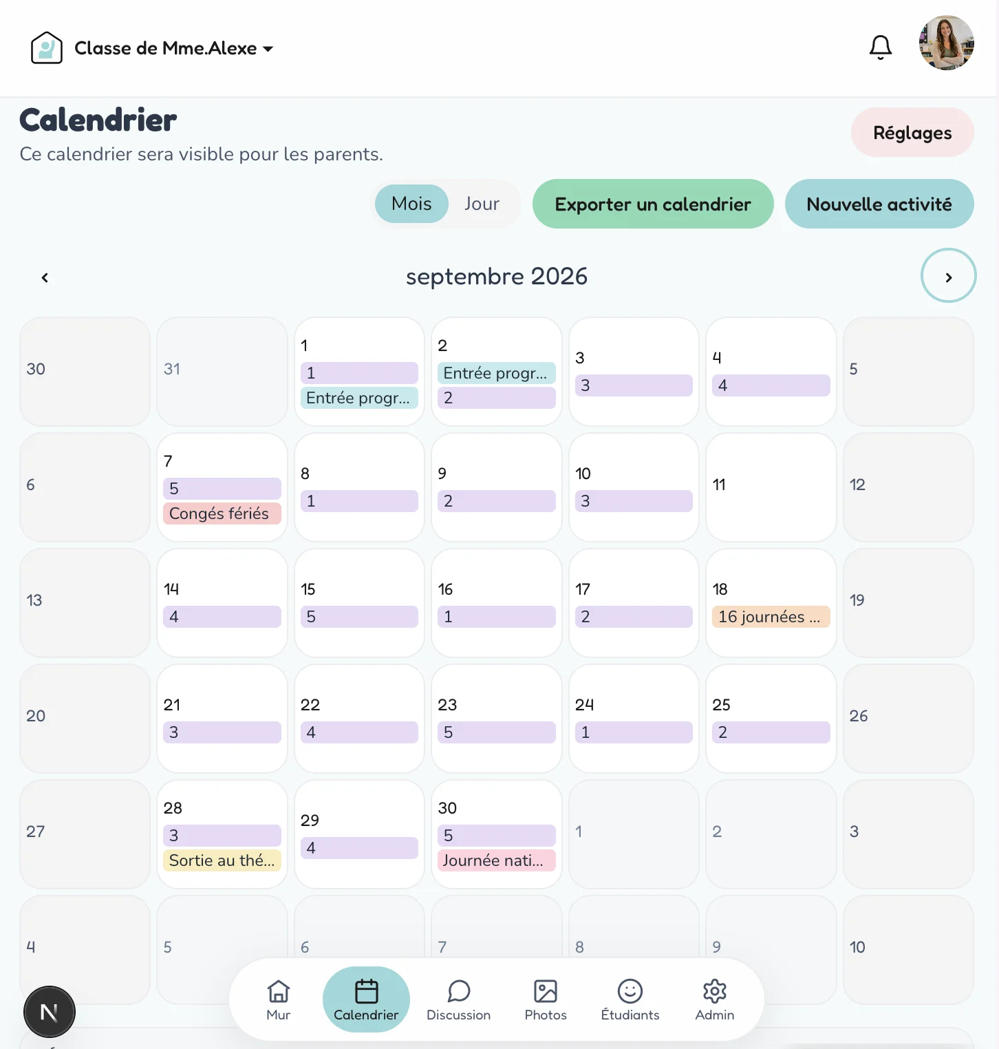 Calendrier mensuel d’une classe dans GE Connect