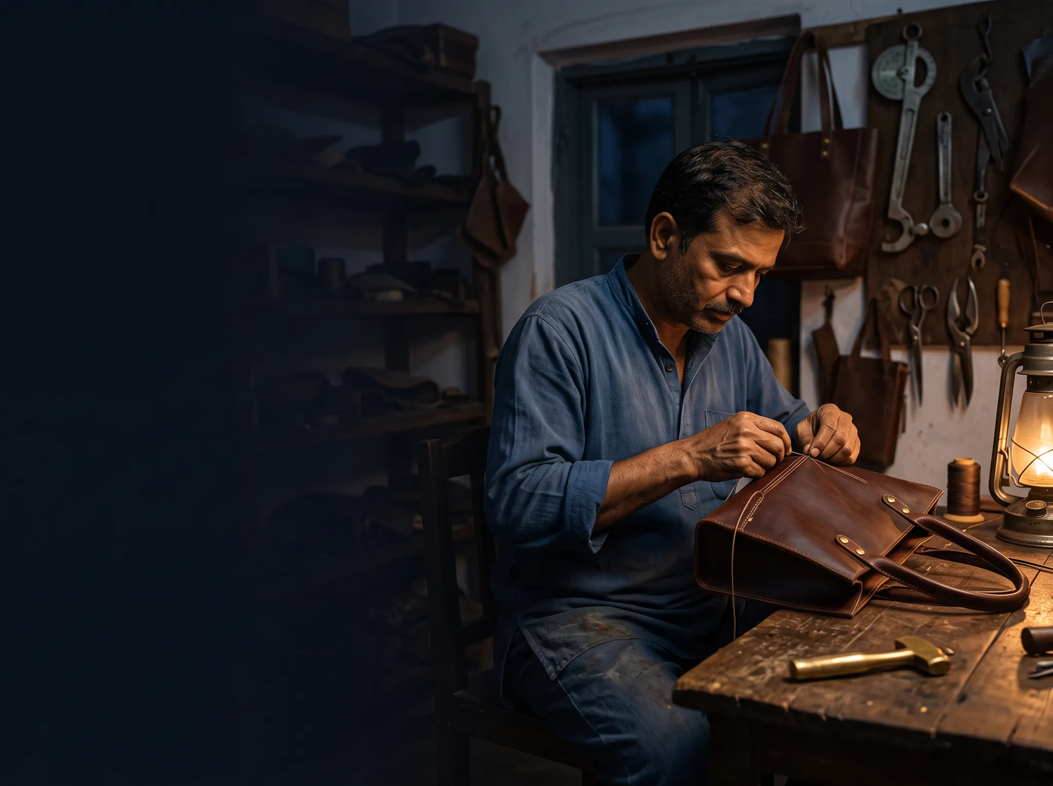 Hands crafting a leather wallet in a workshop