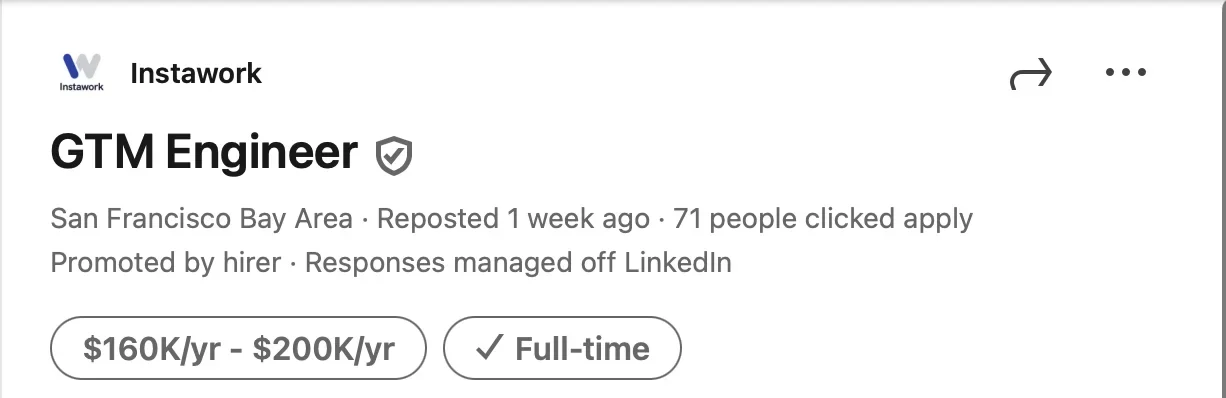 Instawork GTM Engineer job posting with low engagement