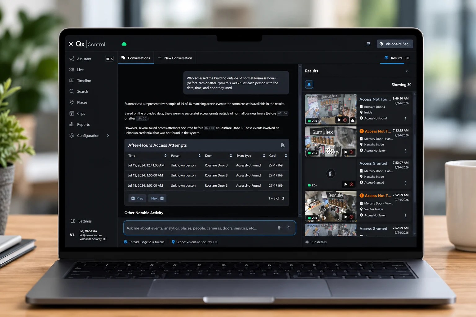 Laptop displaying QxControl AI Assistant results with access events and related video