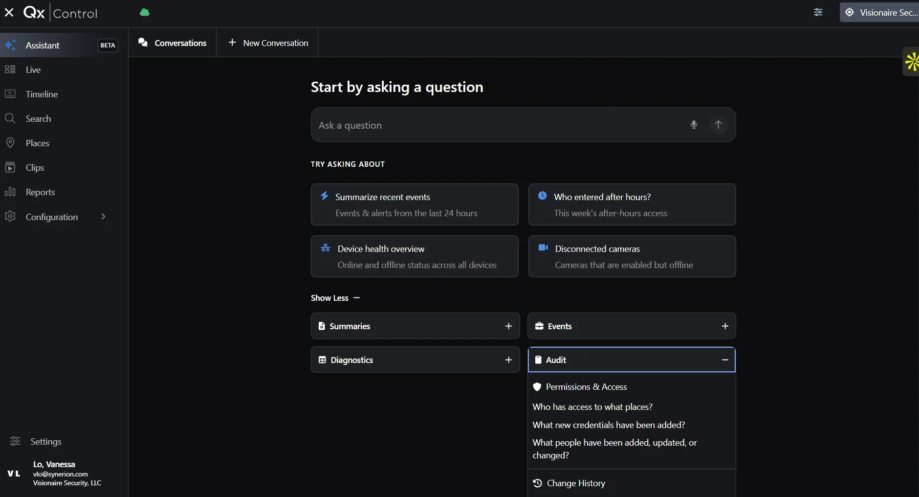 QxControl AI Assistant audit questions about permissions, access, and change history