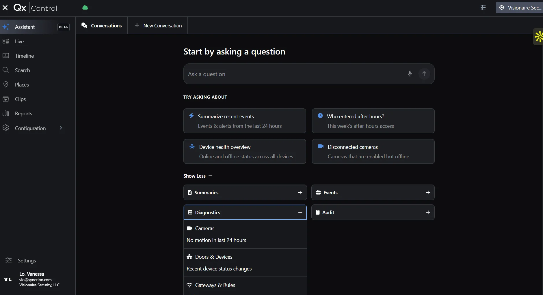 QxControl AI Assistant expanded categories including summaries and diagnostic questions