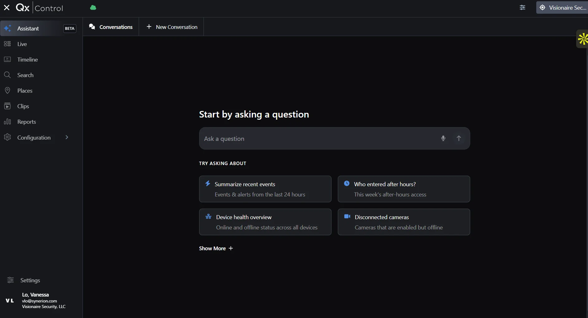 QxControl AI Assistant start screen with natural-language question field and suggested security questions