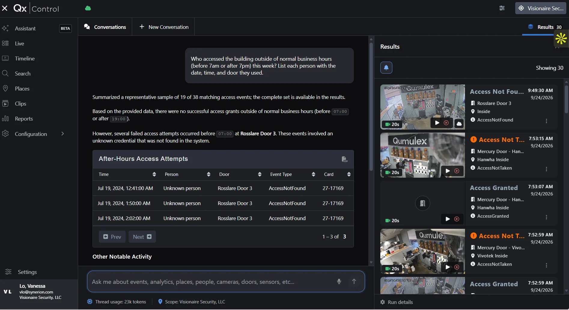 QxControl AI Assistant response displaying access events and related camera video results