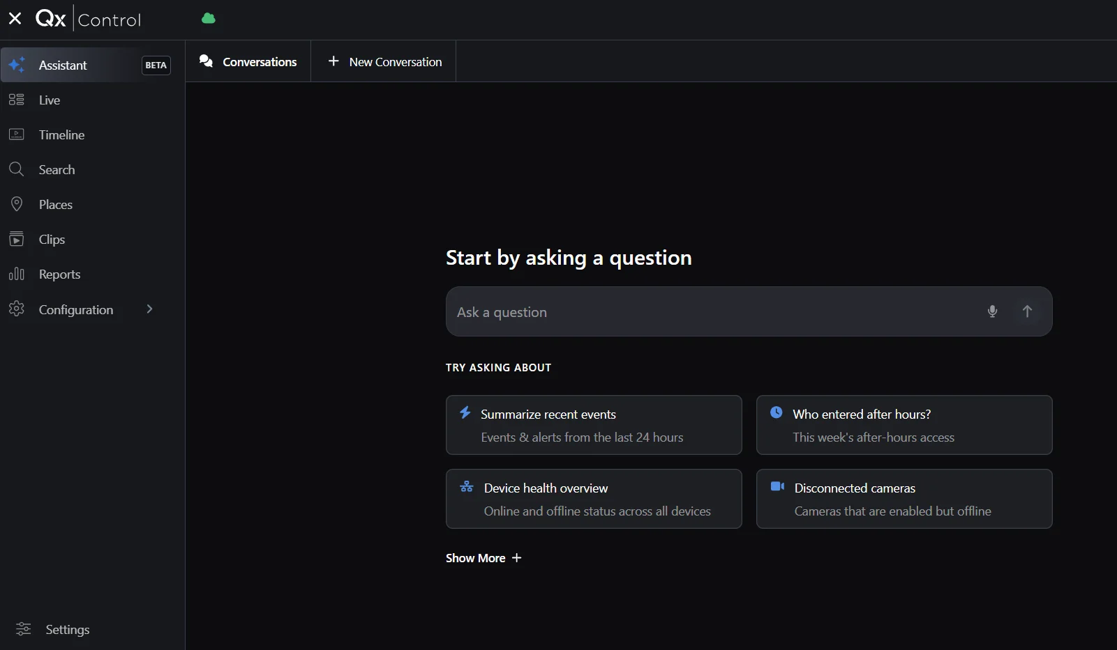 QxControl AI Assistant start screen with a question field and suggested security prompts