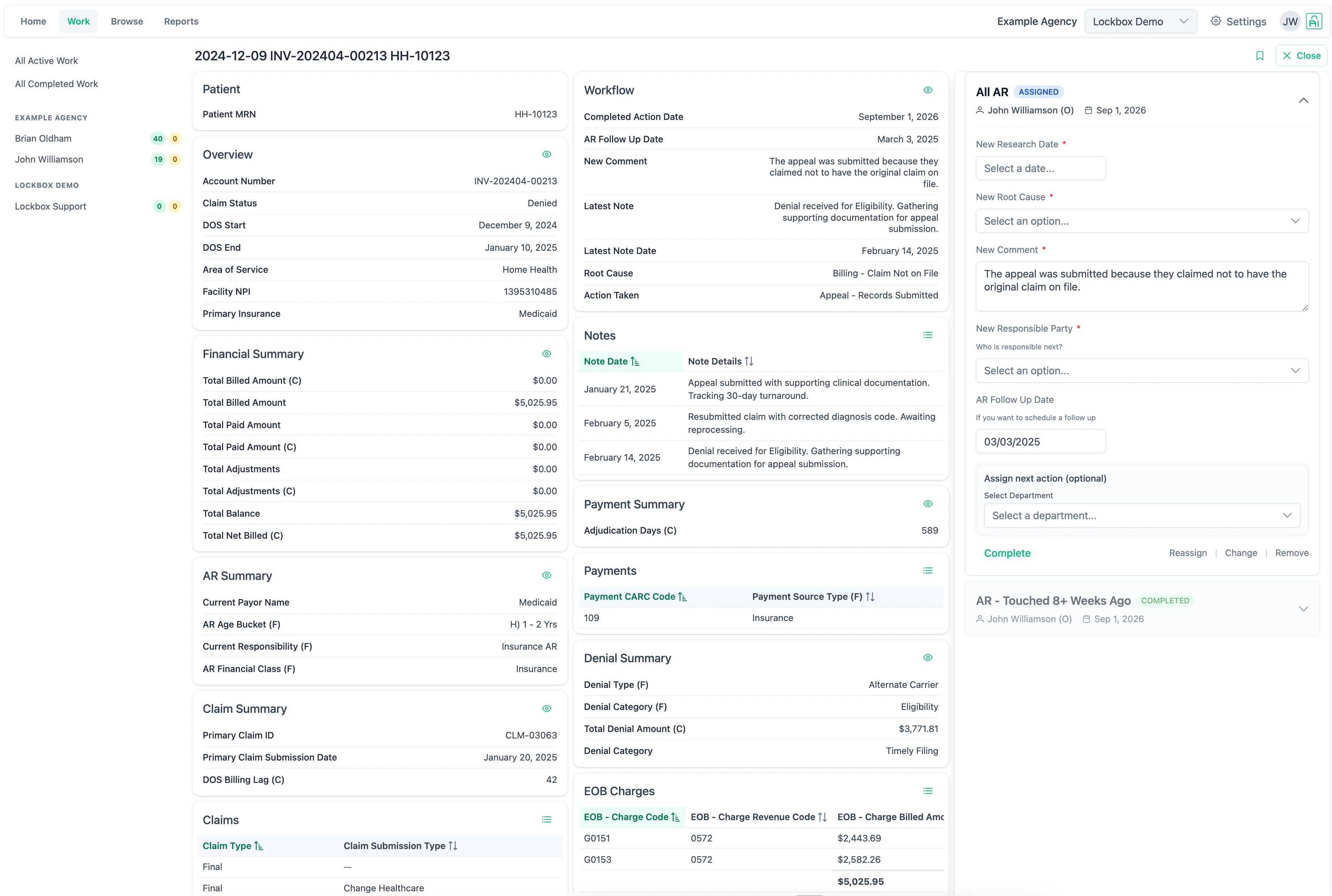 Lockbox account workspace showing workflow context, notes, and assigned next actions