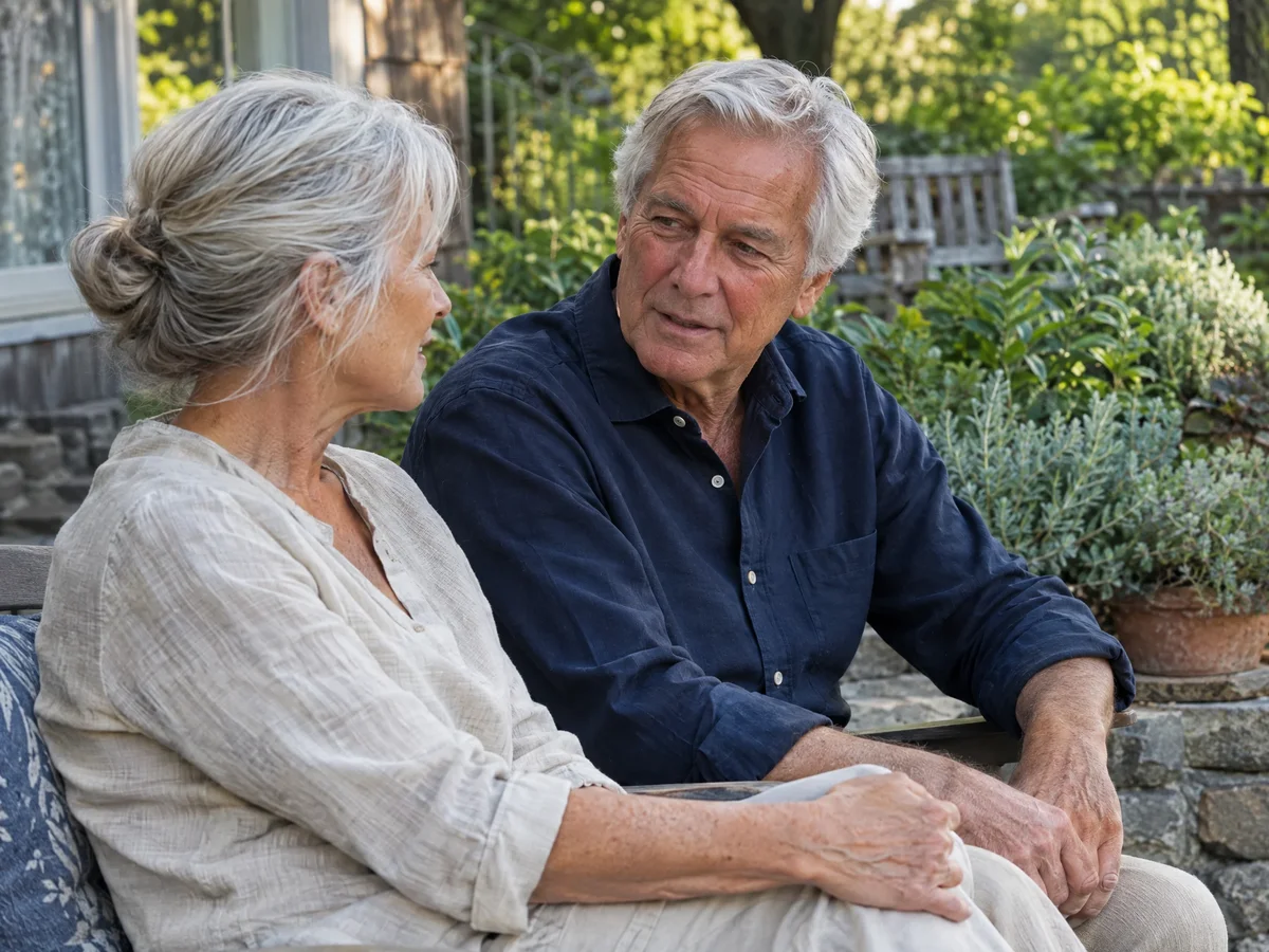 Illustrative scene of an older couple talking in their garden