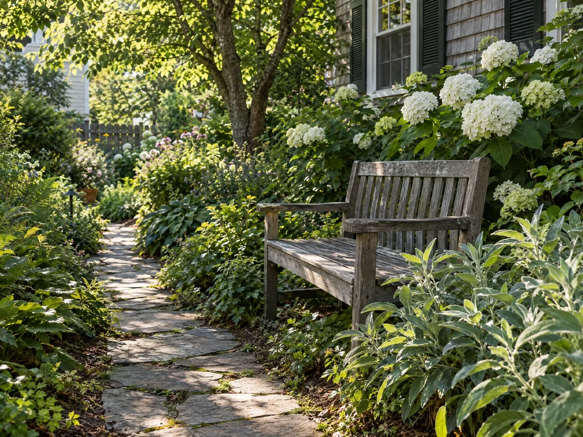 A garden bench beside a quiet stone path