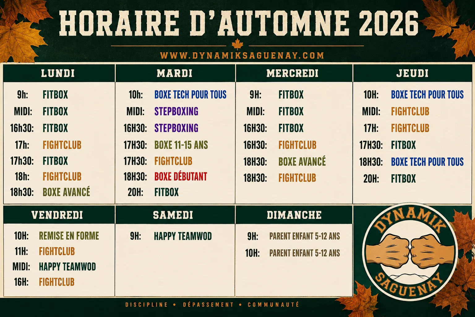 Horaire d'automne 2026 - Dynamik Saguenay