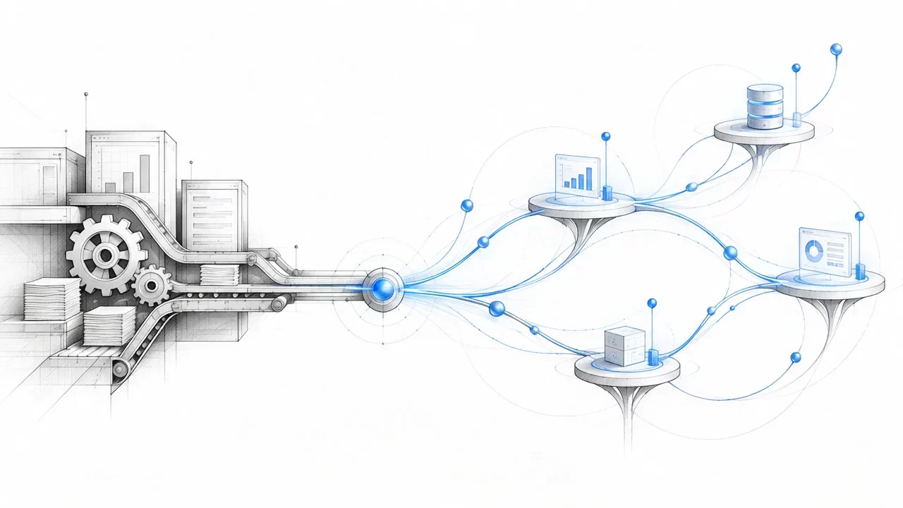 Technical drawing of established workflows flowing through a blue signal into connected operating systems