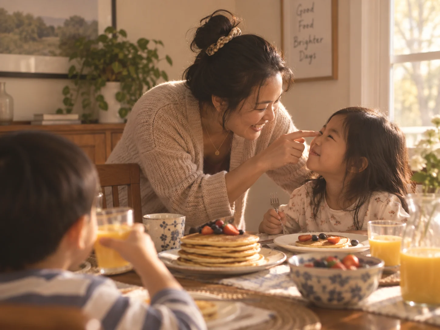 A mother sharing breakfast with her children at home