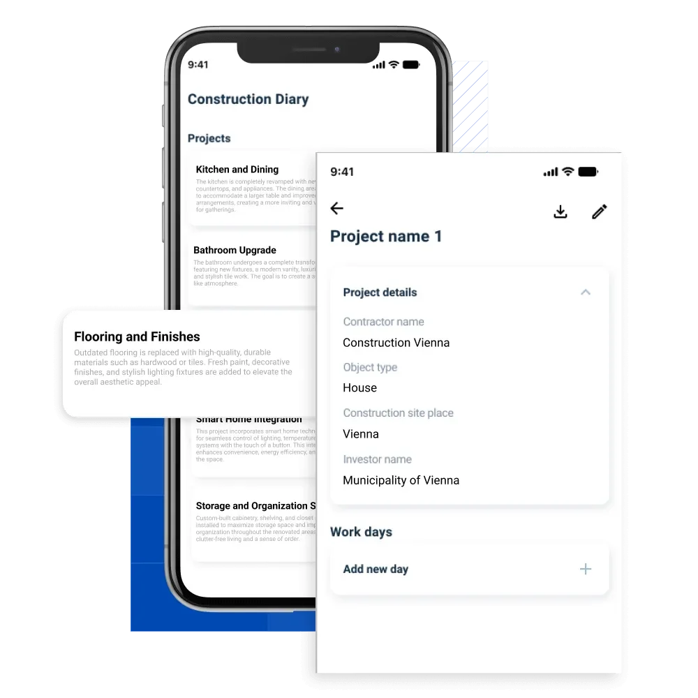 BauBau Construction Diary project list and project details screens