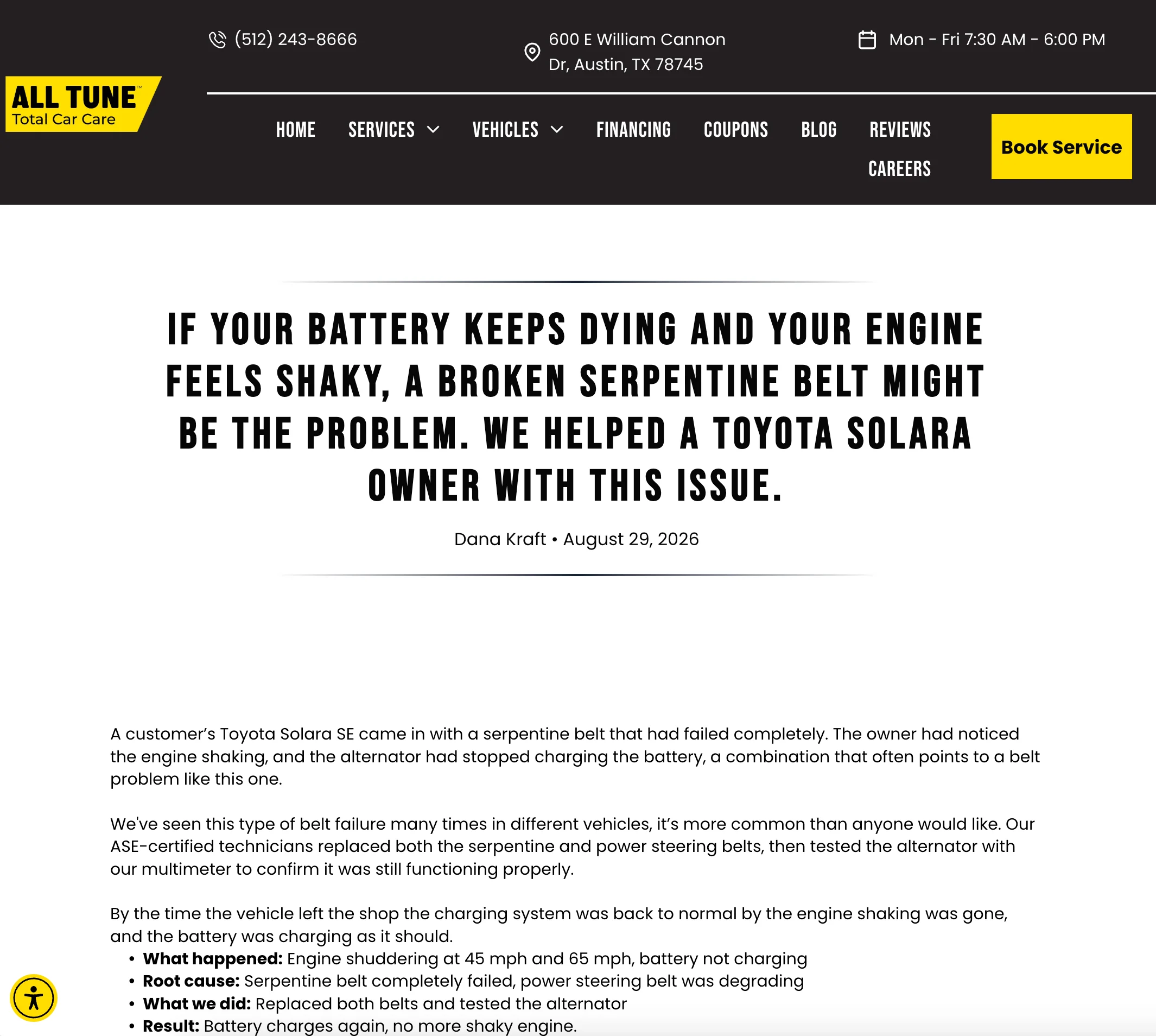 All Tune Total Car Care Service Story about diagnosing a failed Toyota Solara serpentine belt