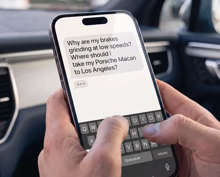 First-person view of a customer who has just sent an AI-search question about grinding brakes on a Porsche Macan in Los Angeles