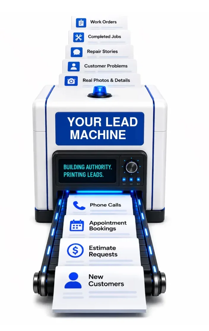 Mobile AI marketing lead machine turning completed service work, customer problems, and real photos into calls, bookings, estimates, and new customers