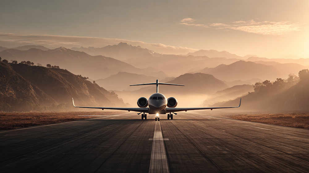 Private jet centered on a runway with mountains at sunset