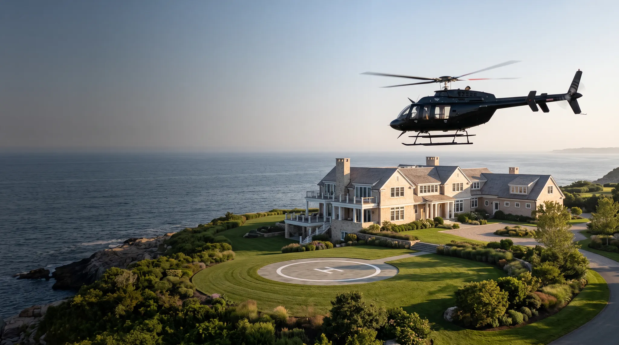 Large East Coast oceanfront estate with a private helipad and a black Bell 407 helicopter on approach