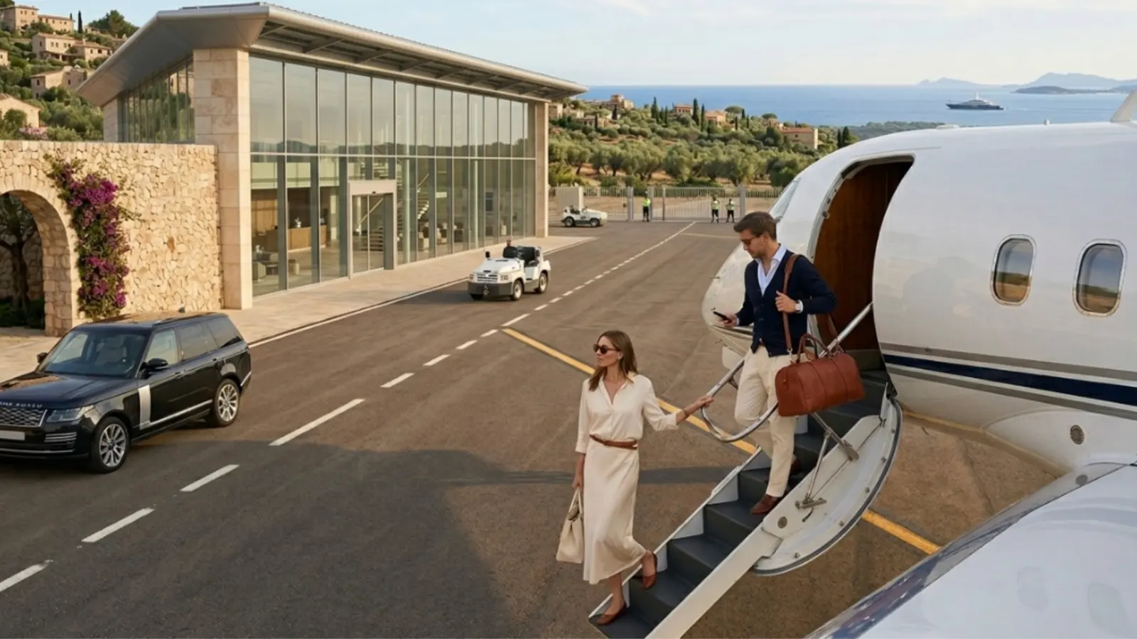 Couple arriving by private jet at a coastal destination