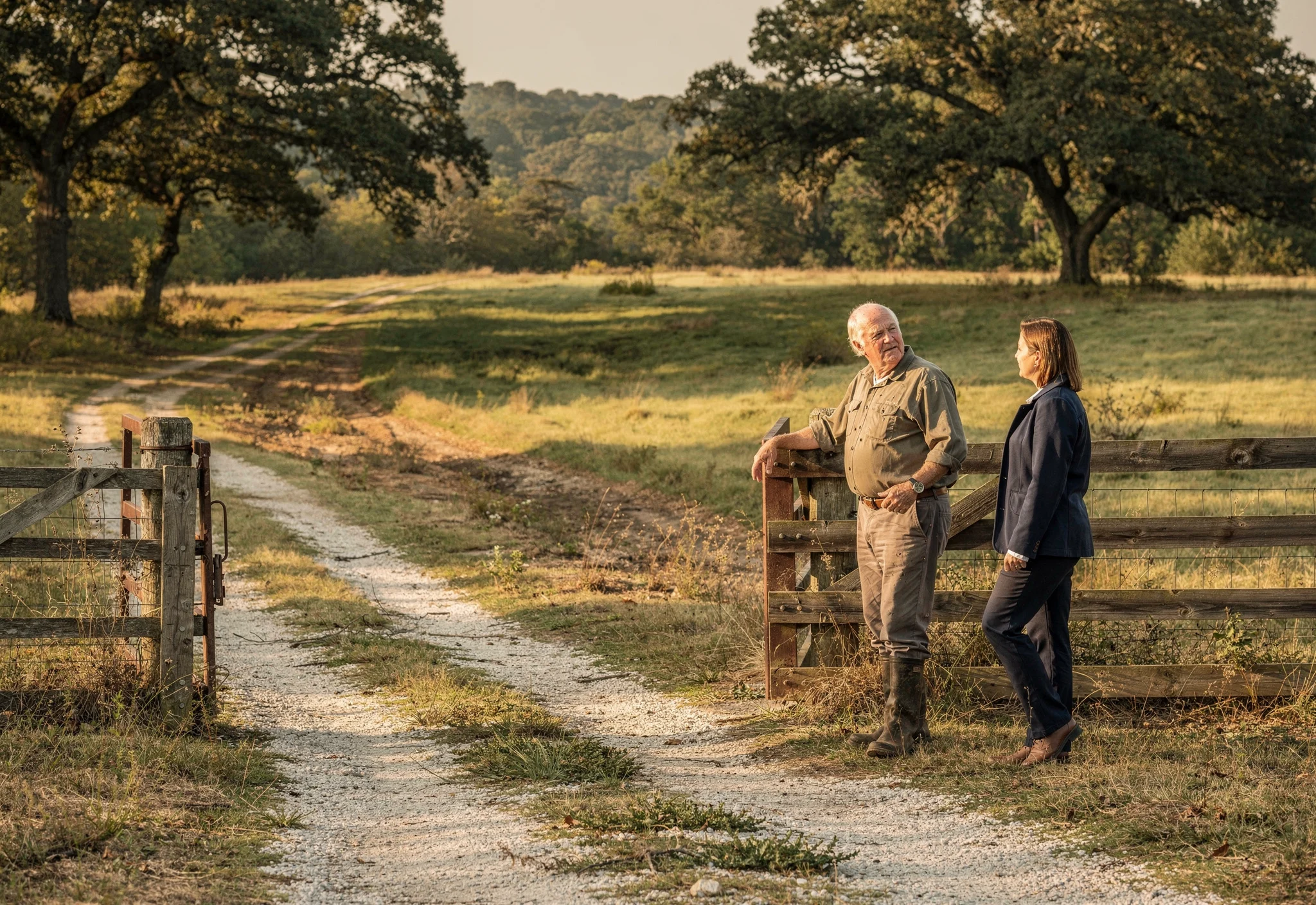 Illustrative view of two people talking at a gate beside a tree-lined path