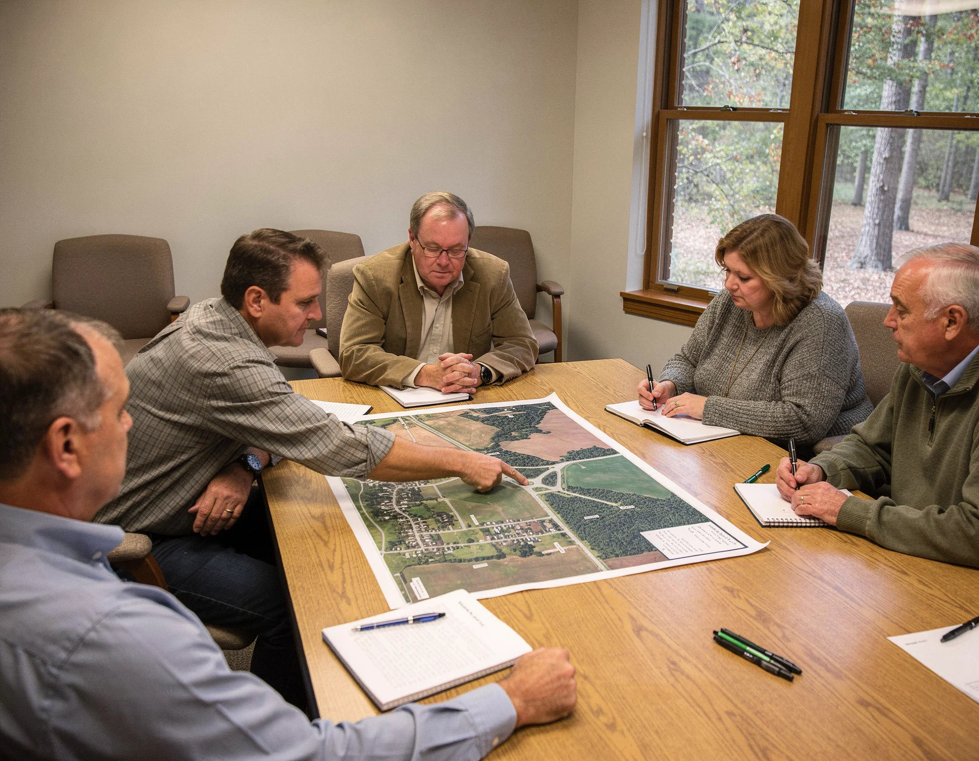 People reviewing a location map around a table