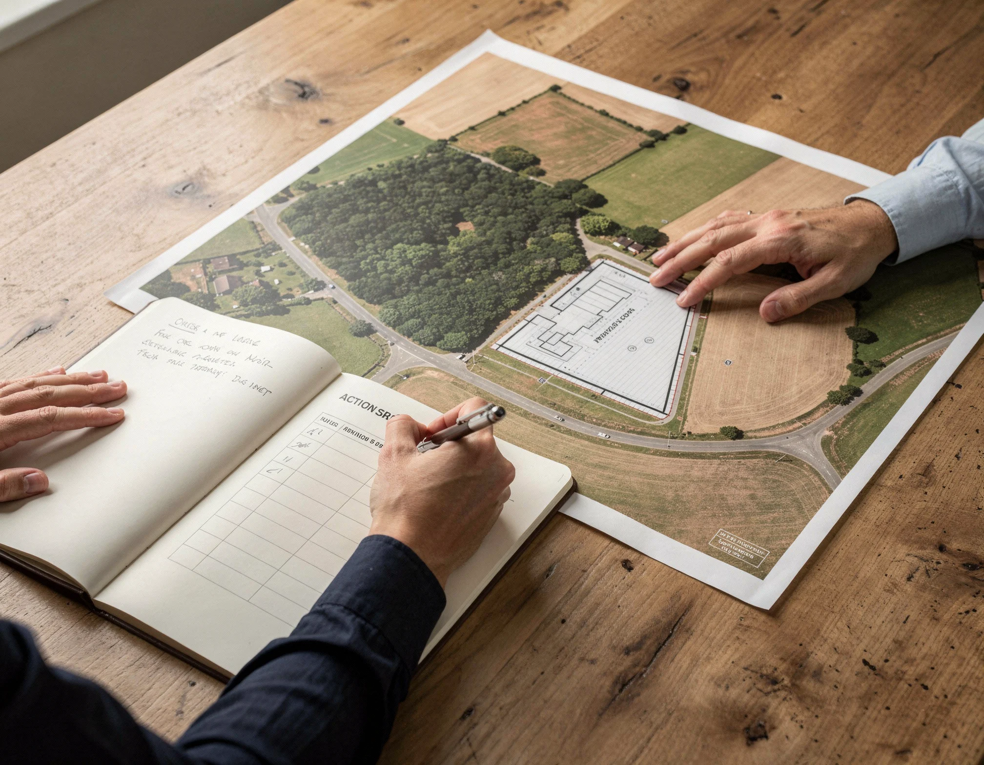 Hands reviewing an aerial site plan and taking notes