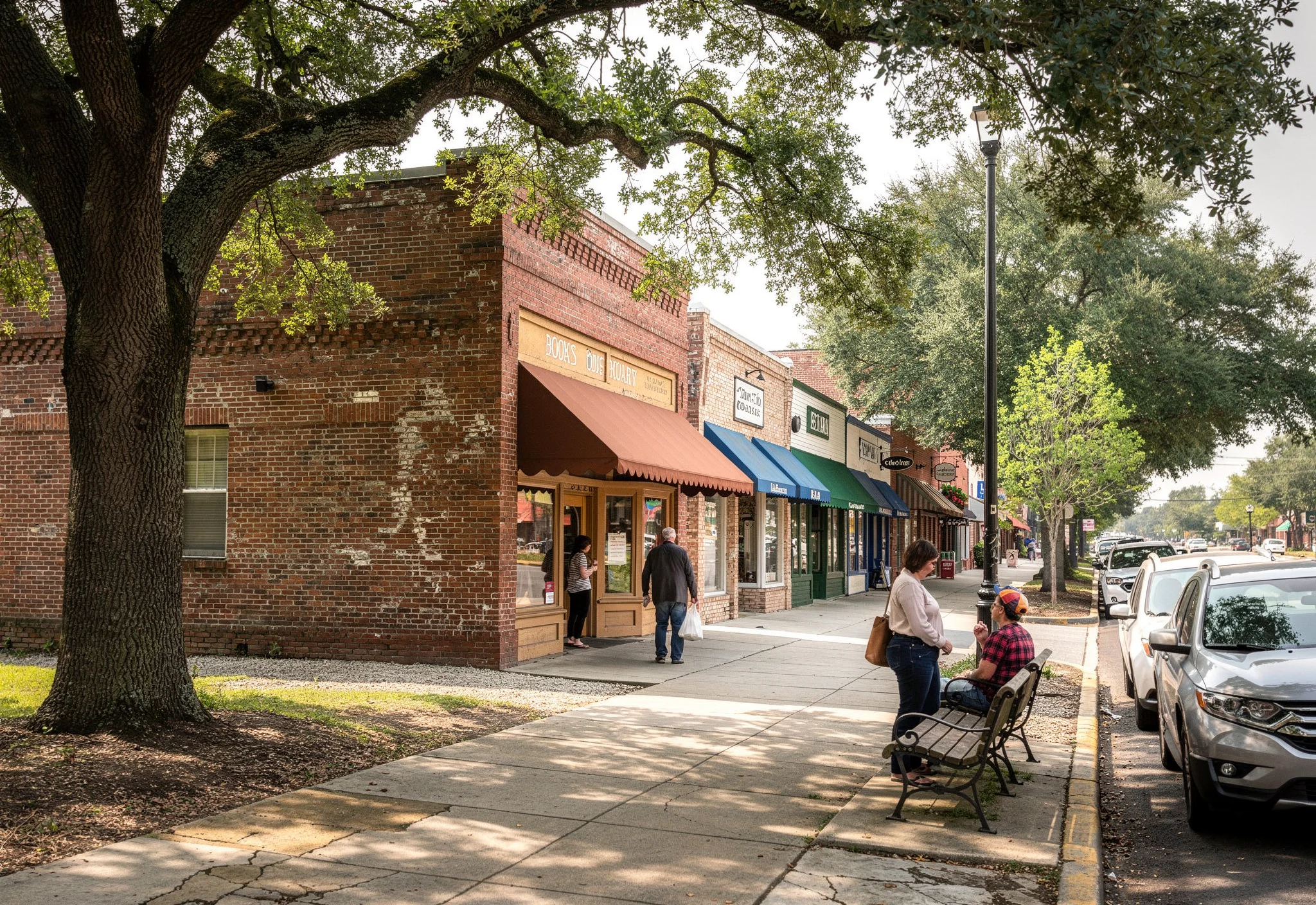 Tree-lined main street with storefronts and neighbors
